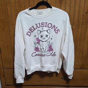 Wound Up White Sweatshirt with Pink Kitten 'Delusions' Graphic